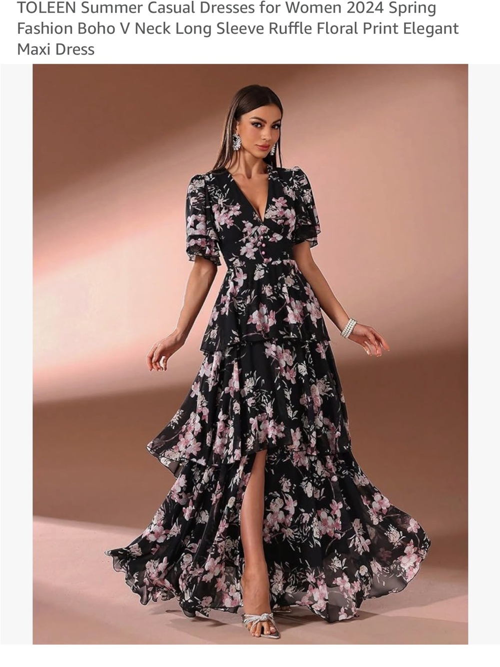 Black Floral V-Neck Ruffle Maxi Dress with Pink Blossom Print